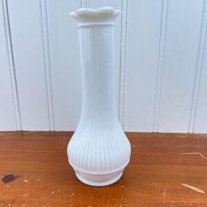 Vintage Milk Glass Bud Vase, Ribbed Vase Ruffled Top, Petal Top